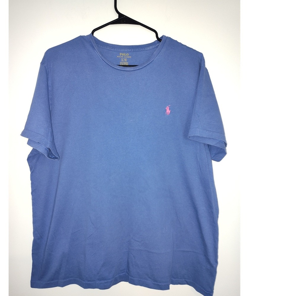 Polo Ralph Lauren Mens Blue Crew Neck T-Shirt Pink Pony Logo Size Large L/G